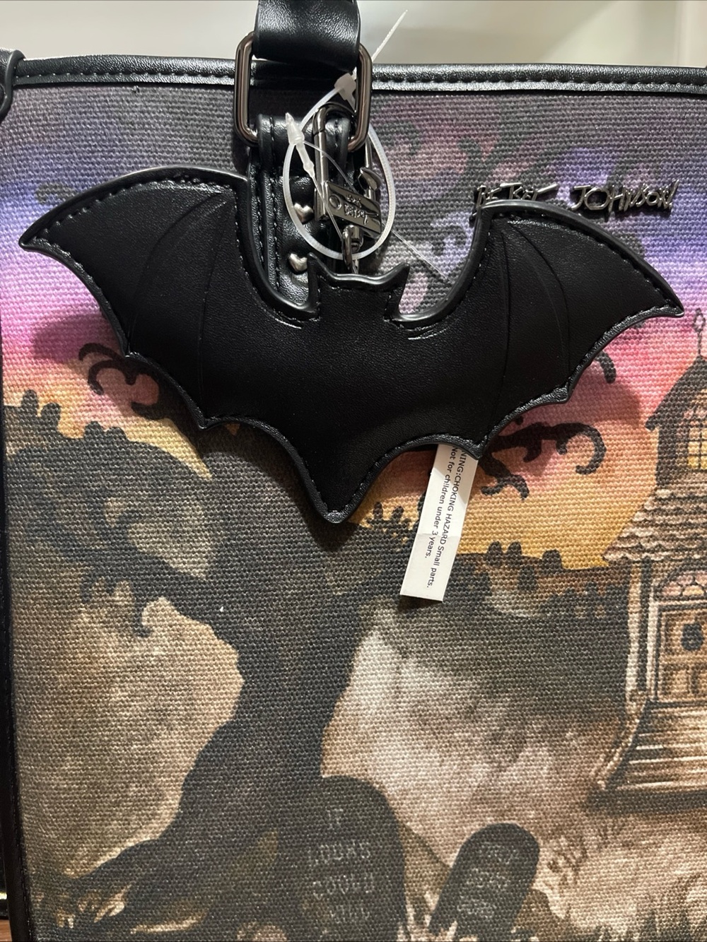 Betsey Johnson Black Haunted House Tote with Bat Charm - Picture 3 of 7